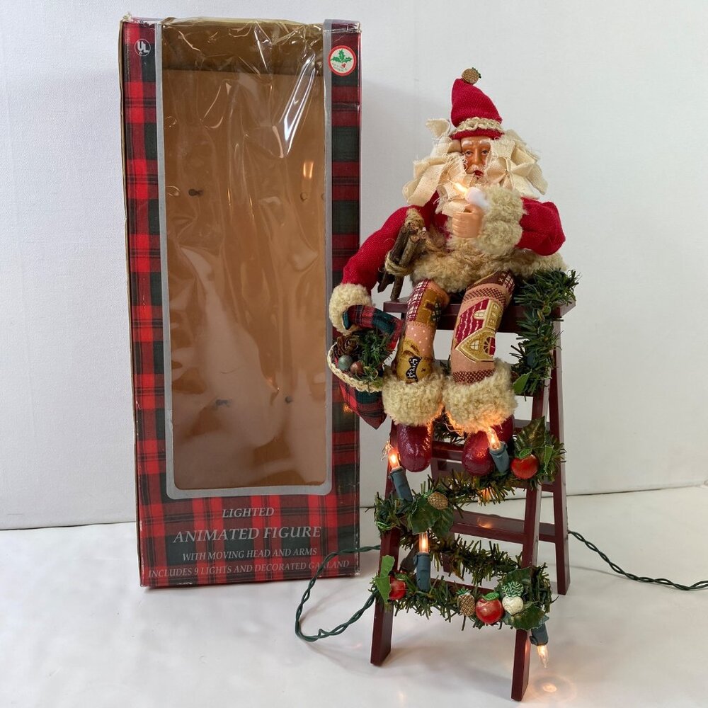 Lighted Animated Santa Figure On Ladder With Moving Arms Head Garland Decoration